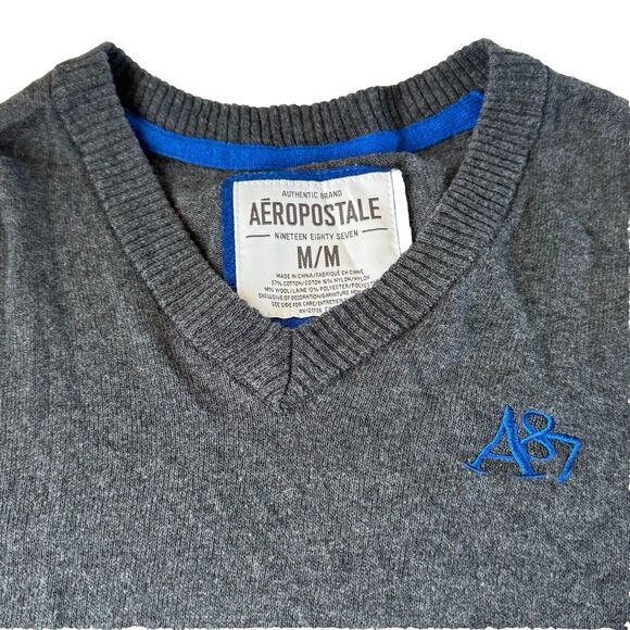 Aeropostale Men's V-Neck Sweater Long Sleeve Logo Gray Heather Size Medium - Picture 3 of 12